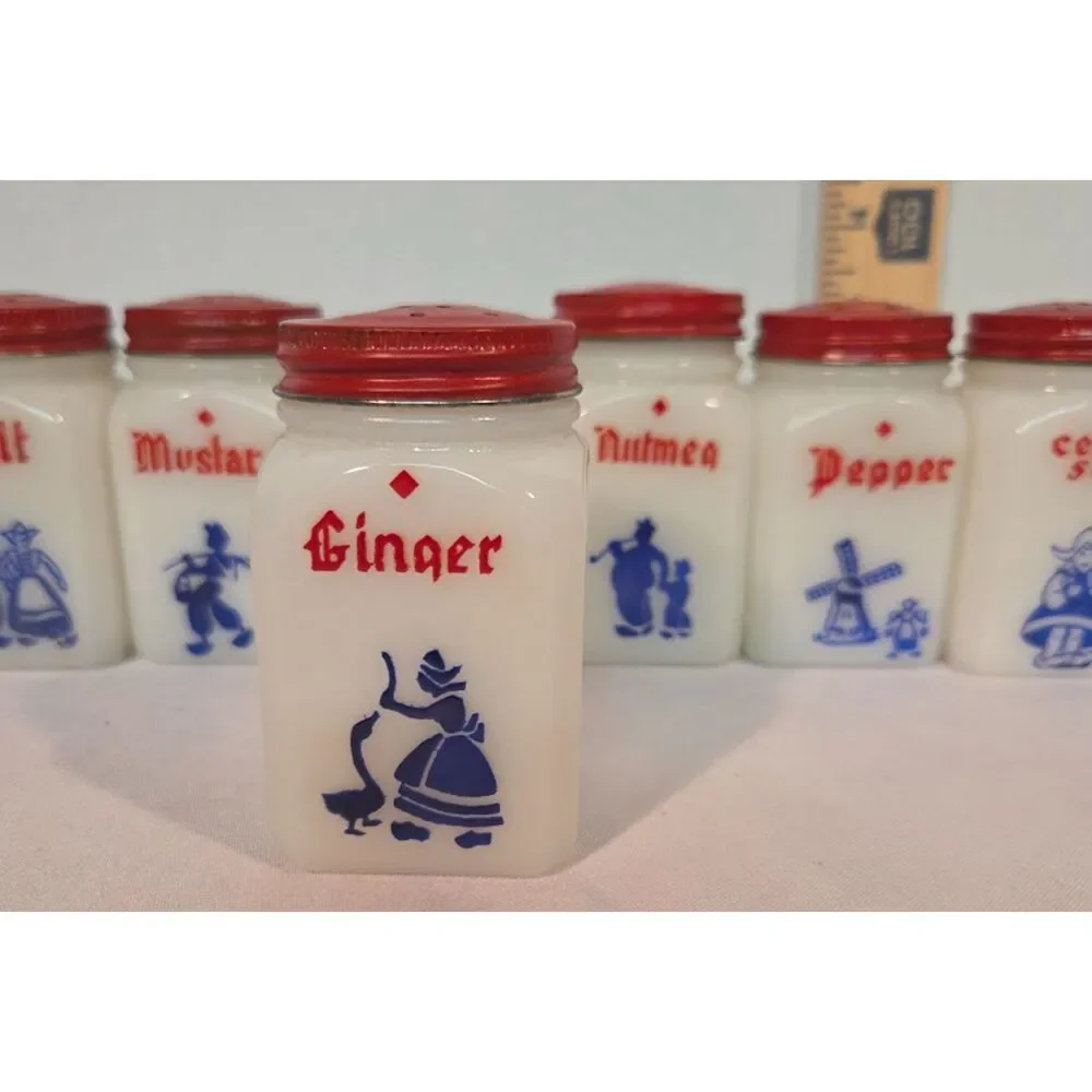 Hazel Atlas Dutch Girl Milk Glass Spice Jars Set of 8 with Red Lids